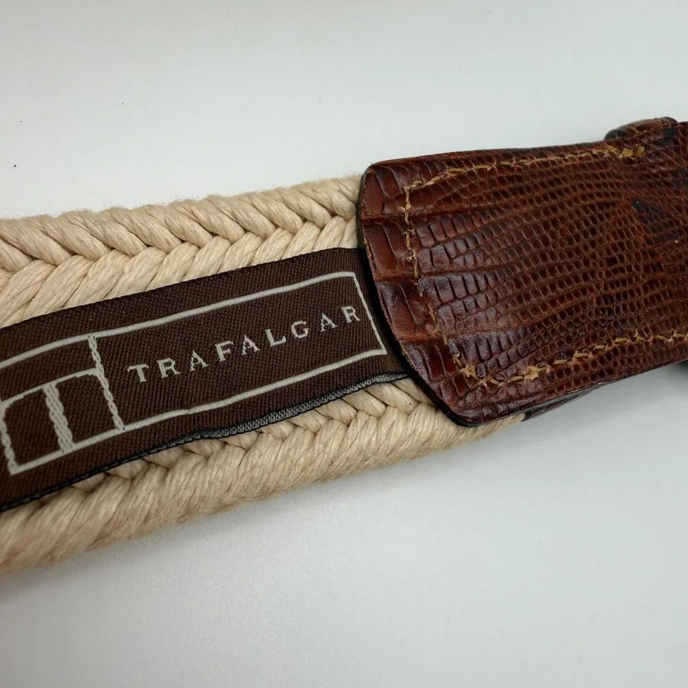 Trafalgar Mens Woven Cotton Rope Belt Lizard Embossed Leather Trim 38 Brown‎ USA